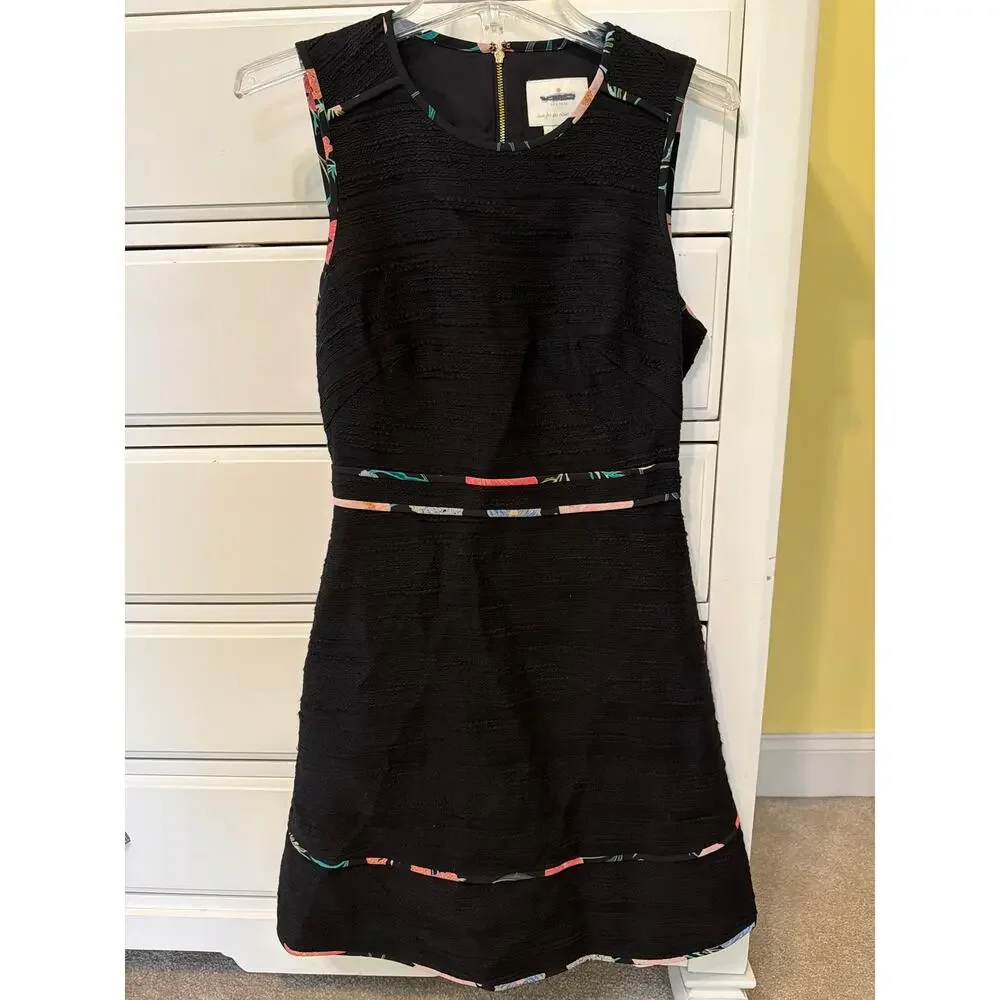 Kate Spade Black Dress Women's Size 4 Blossom Floral Trim Tweed Sleeveless Chic